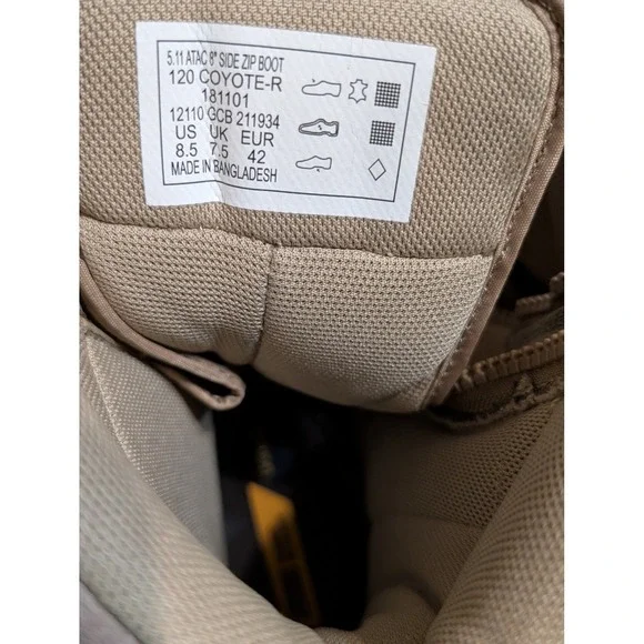 5.11 ATAC 8 Inch Side Zip Coyote Tactical Boots Mens Size 8.5 - Picture 5 of 6